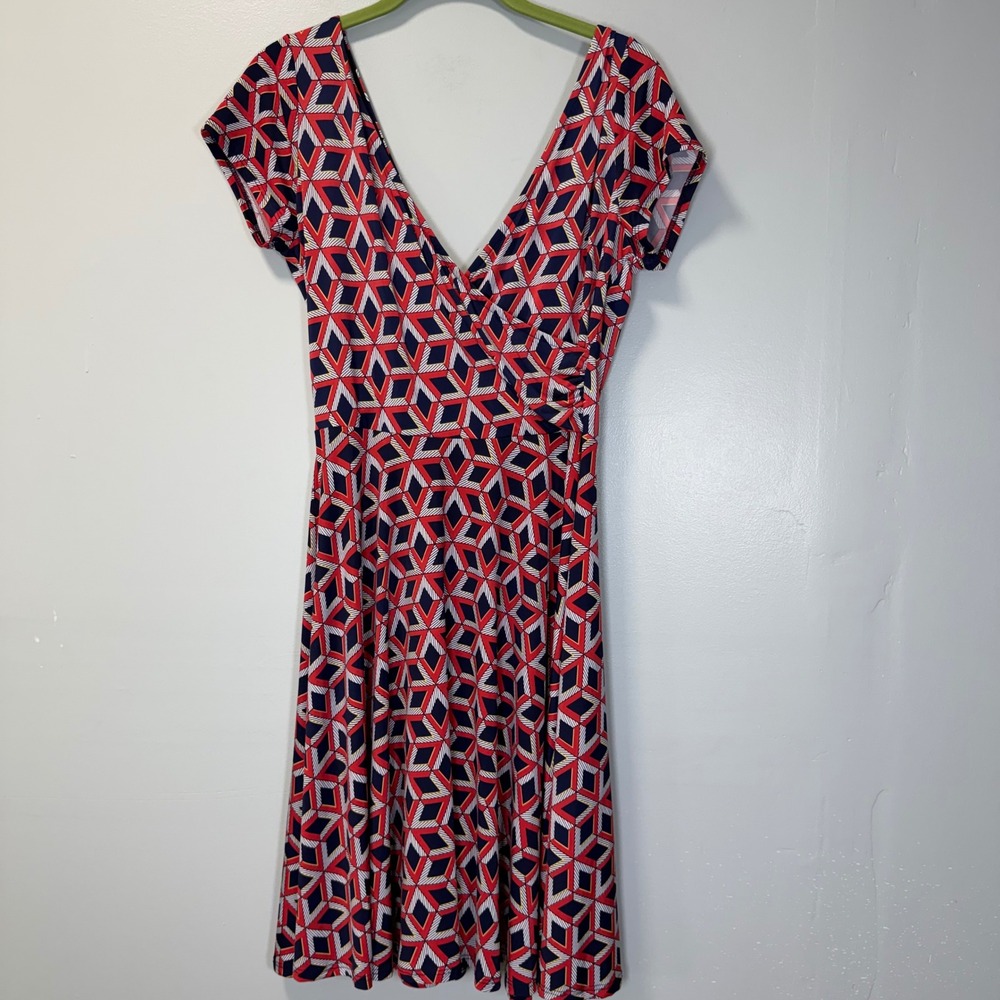 Kaileigh Amandine Geometric Faux Wrap Dress Red Navy Blue White‎ Size Medium